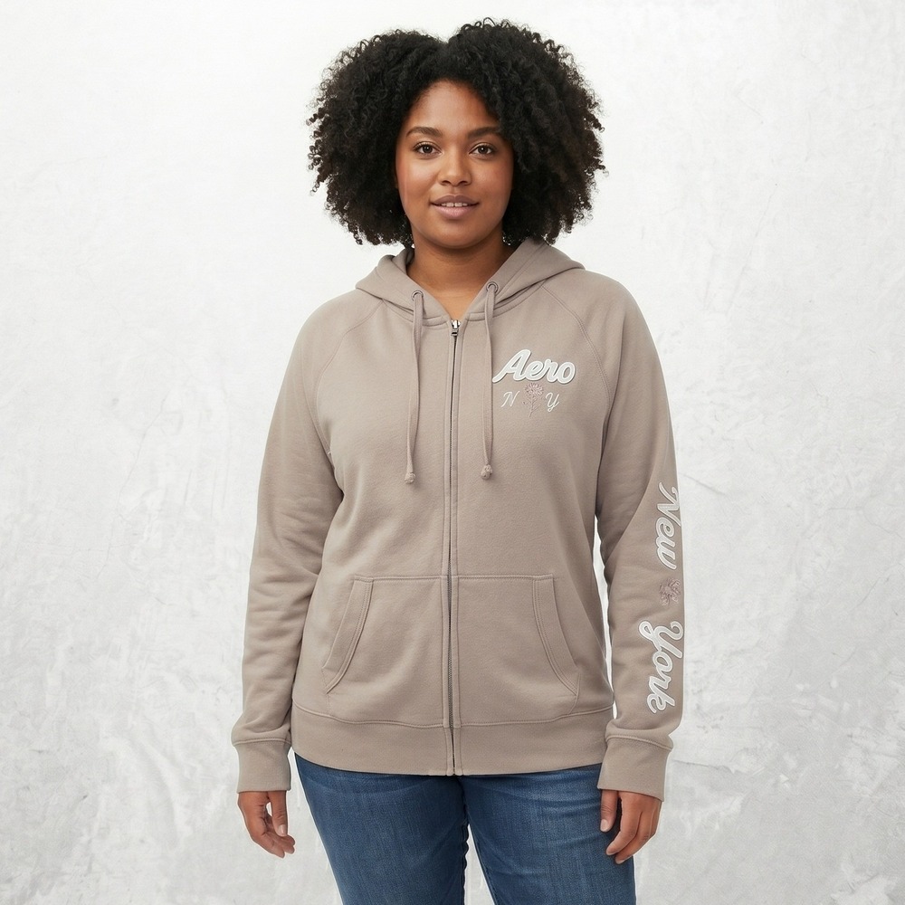 Aeropostale Hoodie Women Large Taupe Aero NY New York Full Zip Graphic Fleece